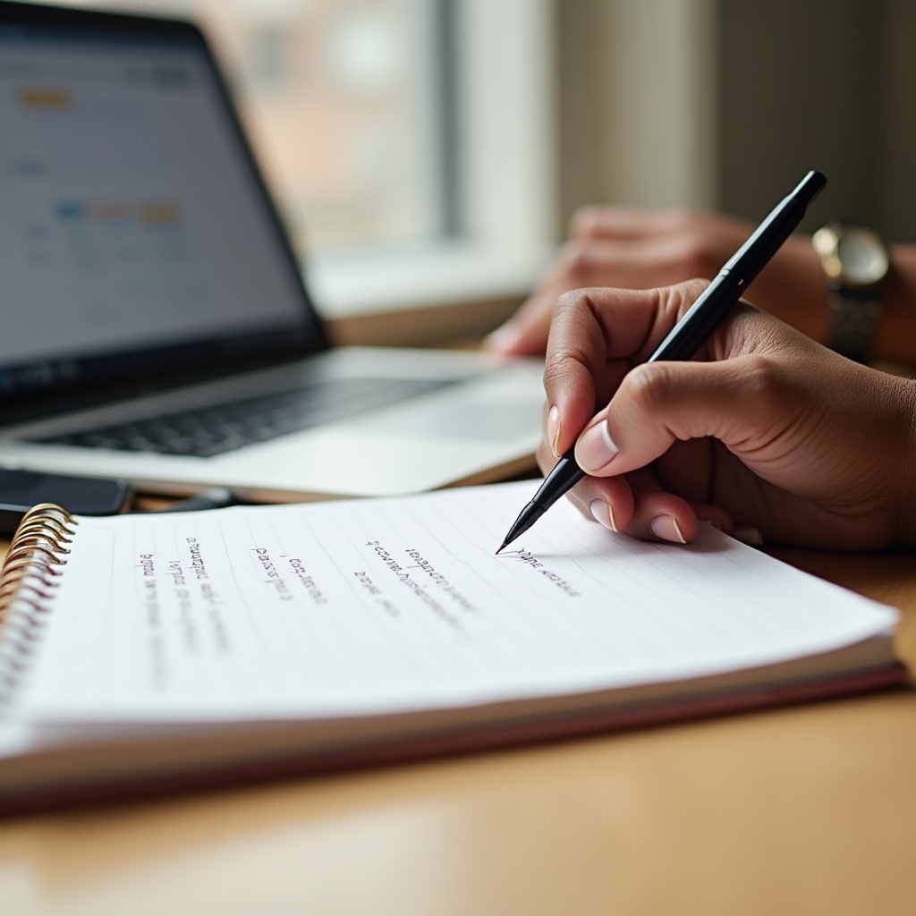 Person writing a client communication plan by hand on a notepad with a laptop and calendar nearby