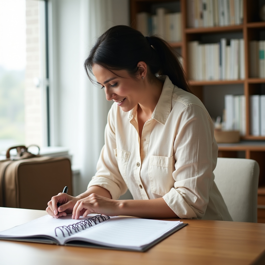 Solopreneur reviewing a printed operations manual at a bright desk before leaving on a two-week trip