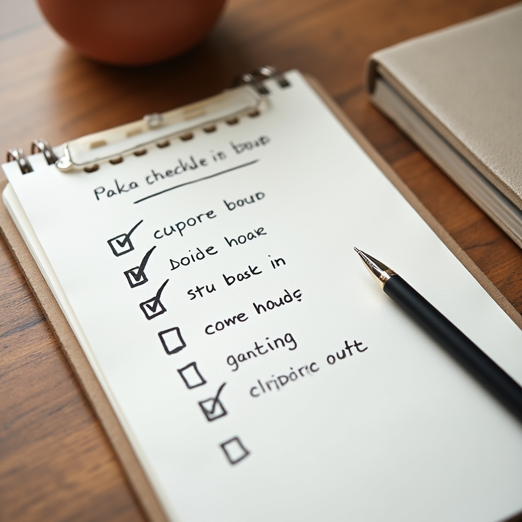 Tidy desk with a handwritten checklist, notebook and pen, representing a small planning workspace