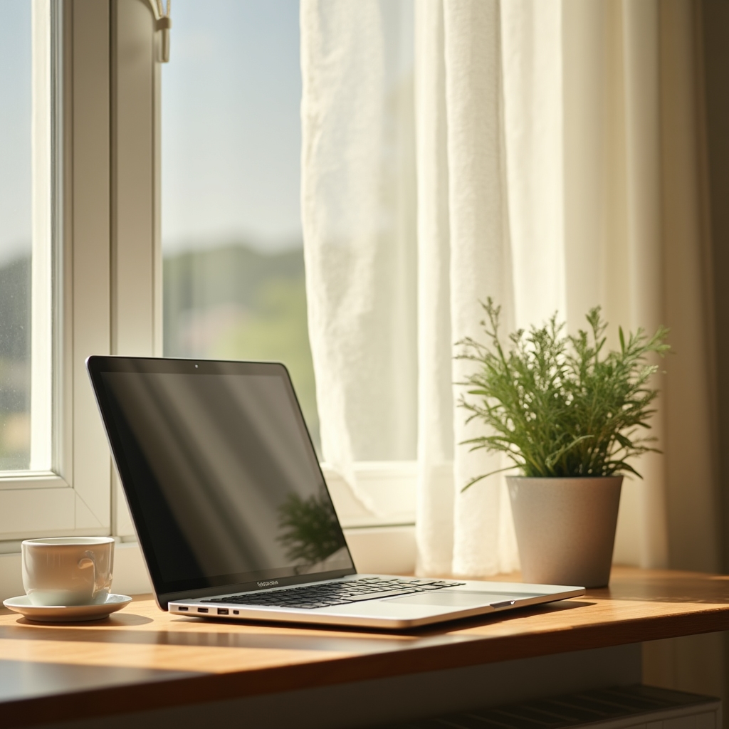 Closed laptop resting on a sunlit windowsill beside a coffee cup, suggesting a completed workday before time off